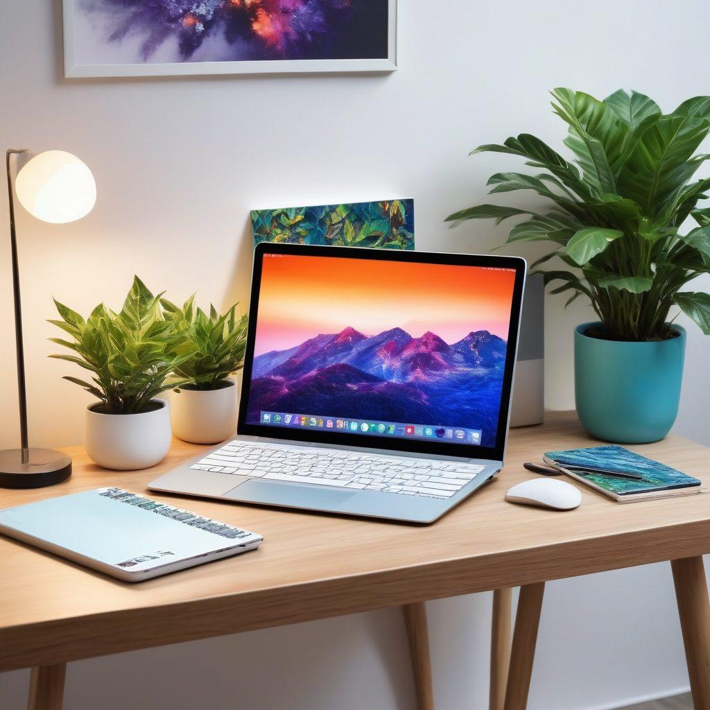 A sleek modern desk setup featuring beautifully decorated tech devices, such as a laptop with a stylish keyboard skin, a smartphone with a vibrant case, and a tablet with artistic wallpapers. Surrounding them are colorful plants, elegant stationery, and warm ambient lighting to enhance the aesthetic appeal. super-realistic. vibrant colors. minimalistic. white background.