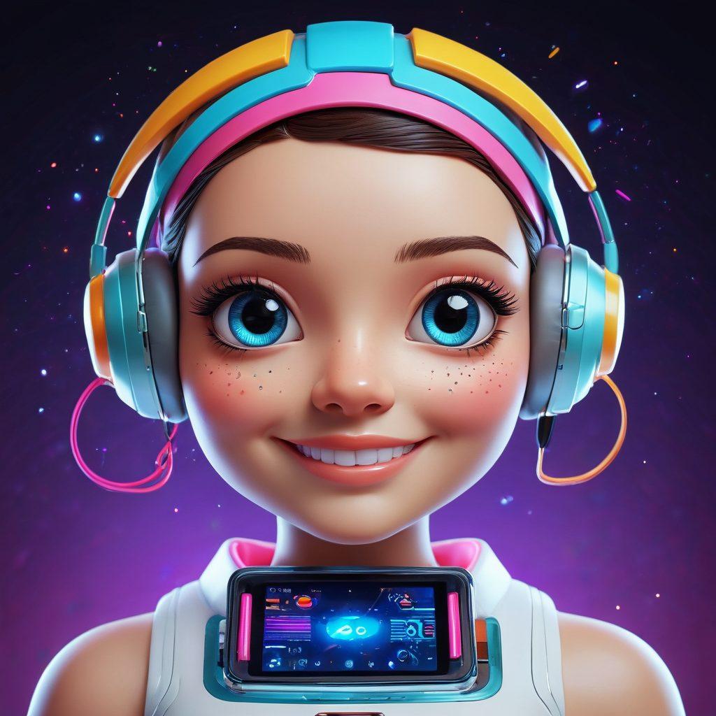 A whimsical, enchanting scene where cute, anthropomorphized data bits wearing tiny, colorful accessories float around a sleek, futuristic gadget. The data bits should have charming smiles and expressive eyes, interacting playfully with the device and each other, creating an engaging and attractive ambiance. The device should have a shiny, modern look with glowing accents that enhance the charm. Highly stylized, vibrant colors, vector art.